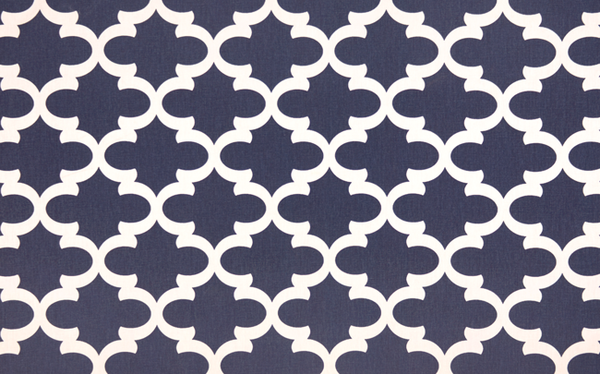 Photo of blue Quatrefoil trellis pattern printed on white fabric